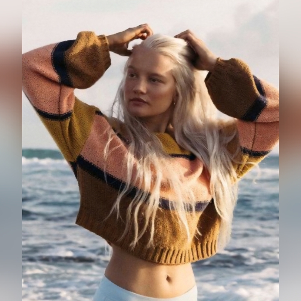 Billabong Peach, Yellow, and Brown Striped Sweater